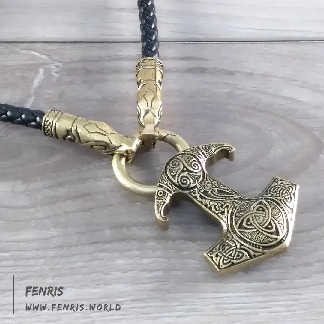 Thor's Hammer Necklace Bronze Dragon Raven Leather Norse Viking