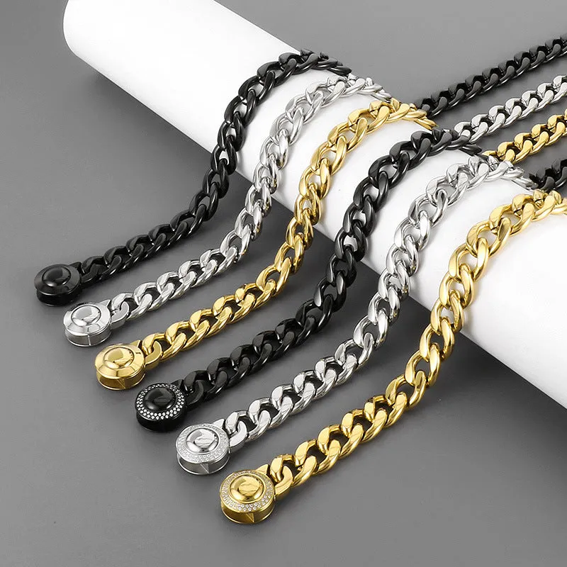 Trendy Hip-Hop Zircon-Encrusted Stainless Steel Necklace for Men with Round Card Buckle