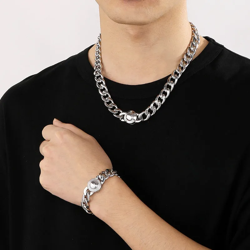 Trendy Hip-Hop Zircon-Encrusted Stainless Steel Necklace for Men with Round Card Buckle