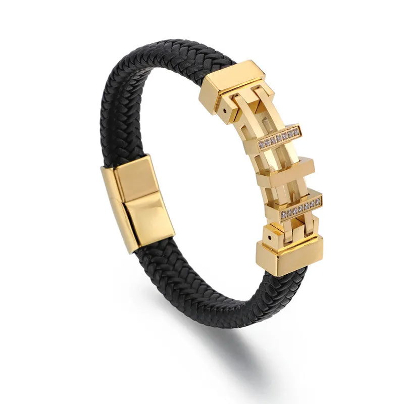 Trendy Men's Black Titanium Steel and Leather Rope Bracelet with Zircon Accents