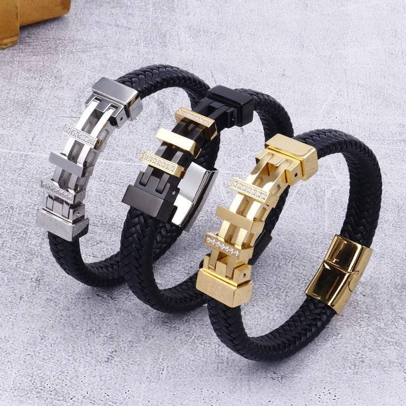 Trendy Men's Black Titanium Steel and Leather Rope Bracelet with Zircon Accents