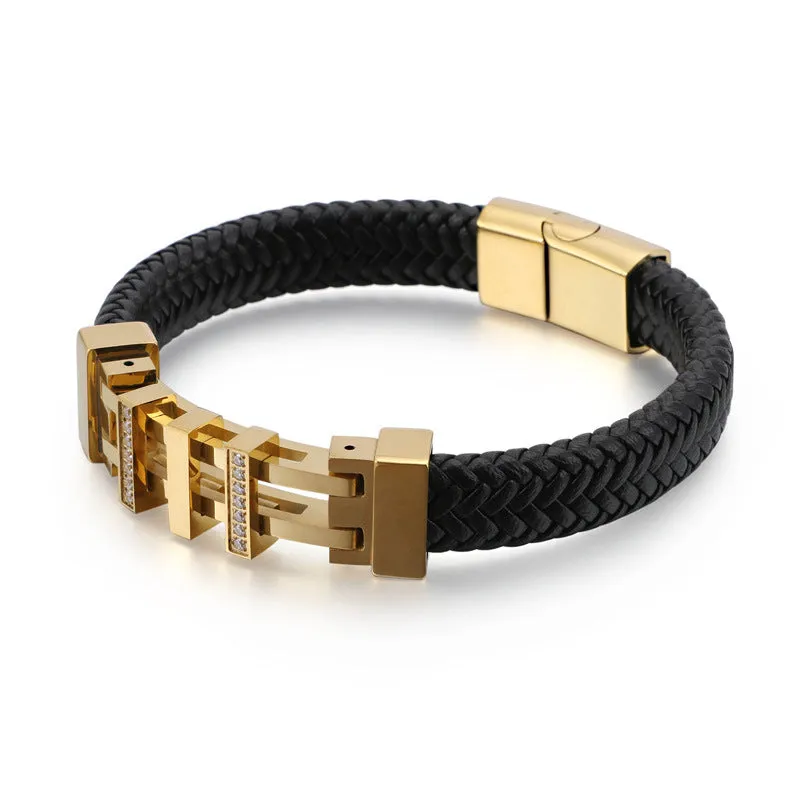 Trendy Men's Black Titanium Steel and Leather Rope Bracelet with Zircon Accents