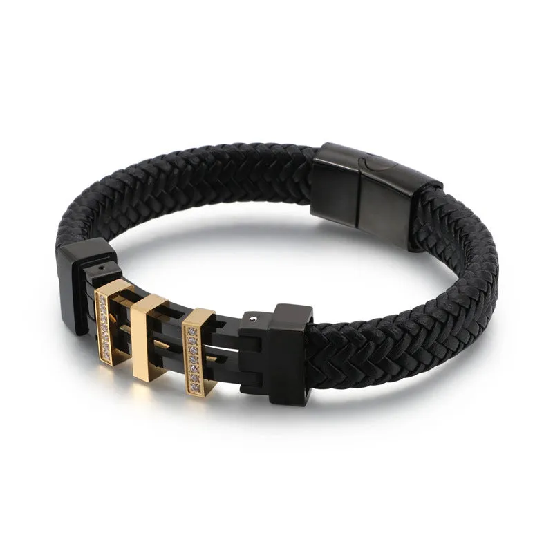 Trendy Men's Black Titanium Steel and Leather Rope Bracelet with Zircon Accents