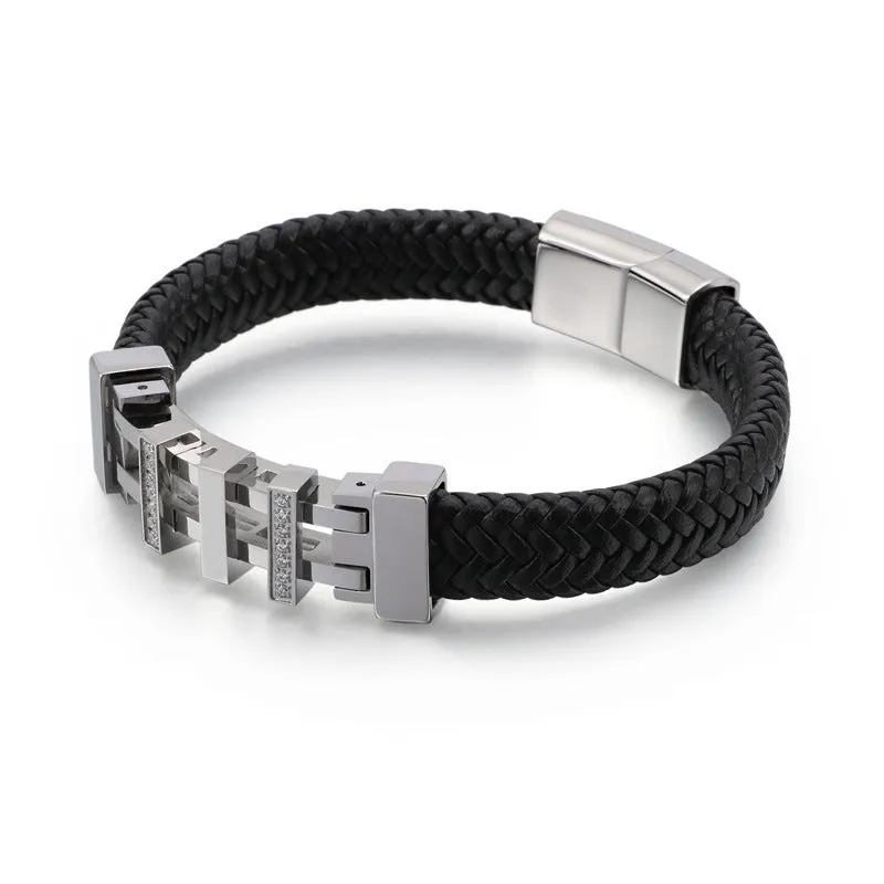 Trendy Men's Black Titanium Steel and Leather Rope Bracelet with Zircon Accents