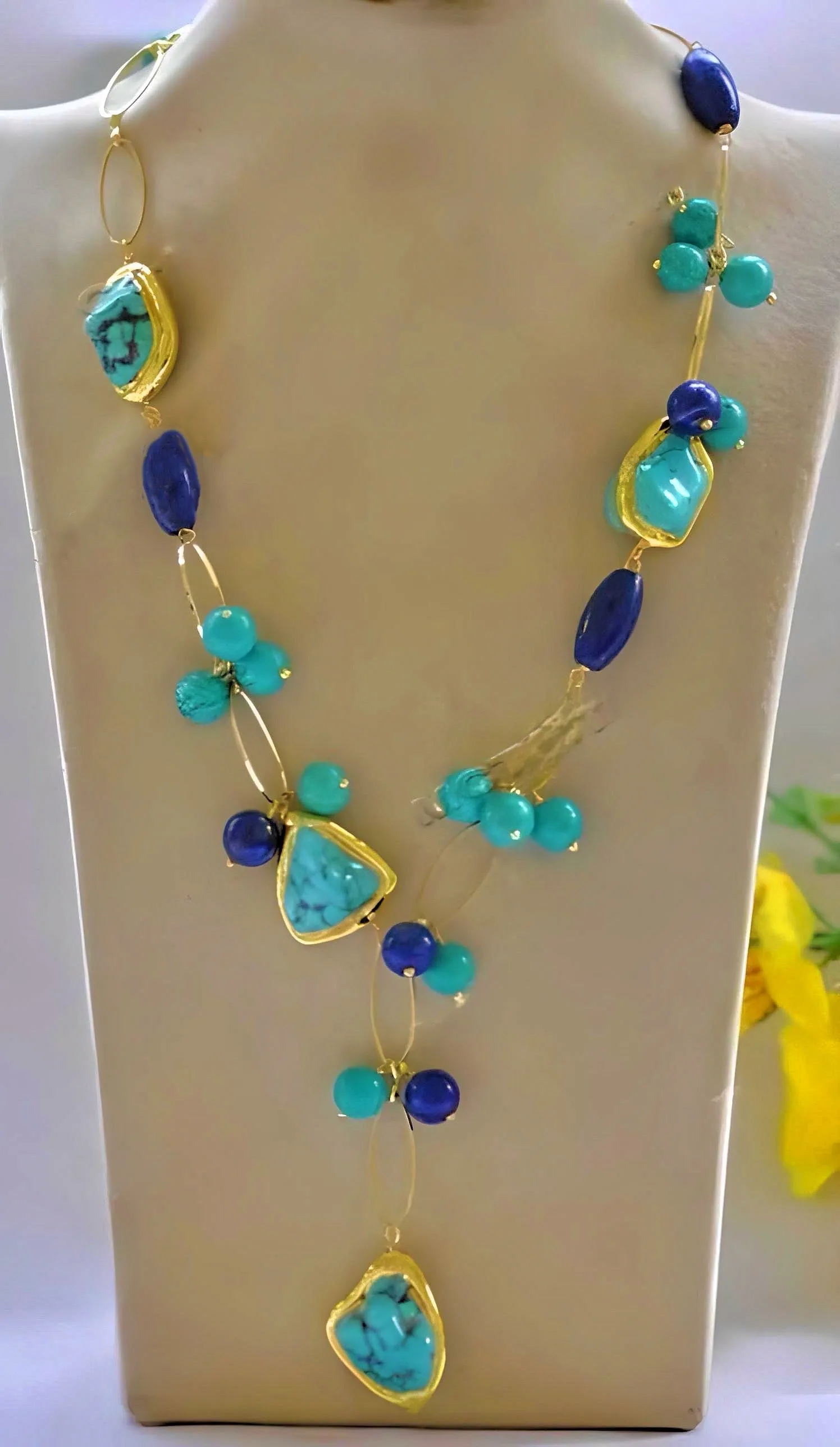 Turquoise & Lapis Lazuli Gemstones Gold Chain Necklace 20”- 23”