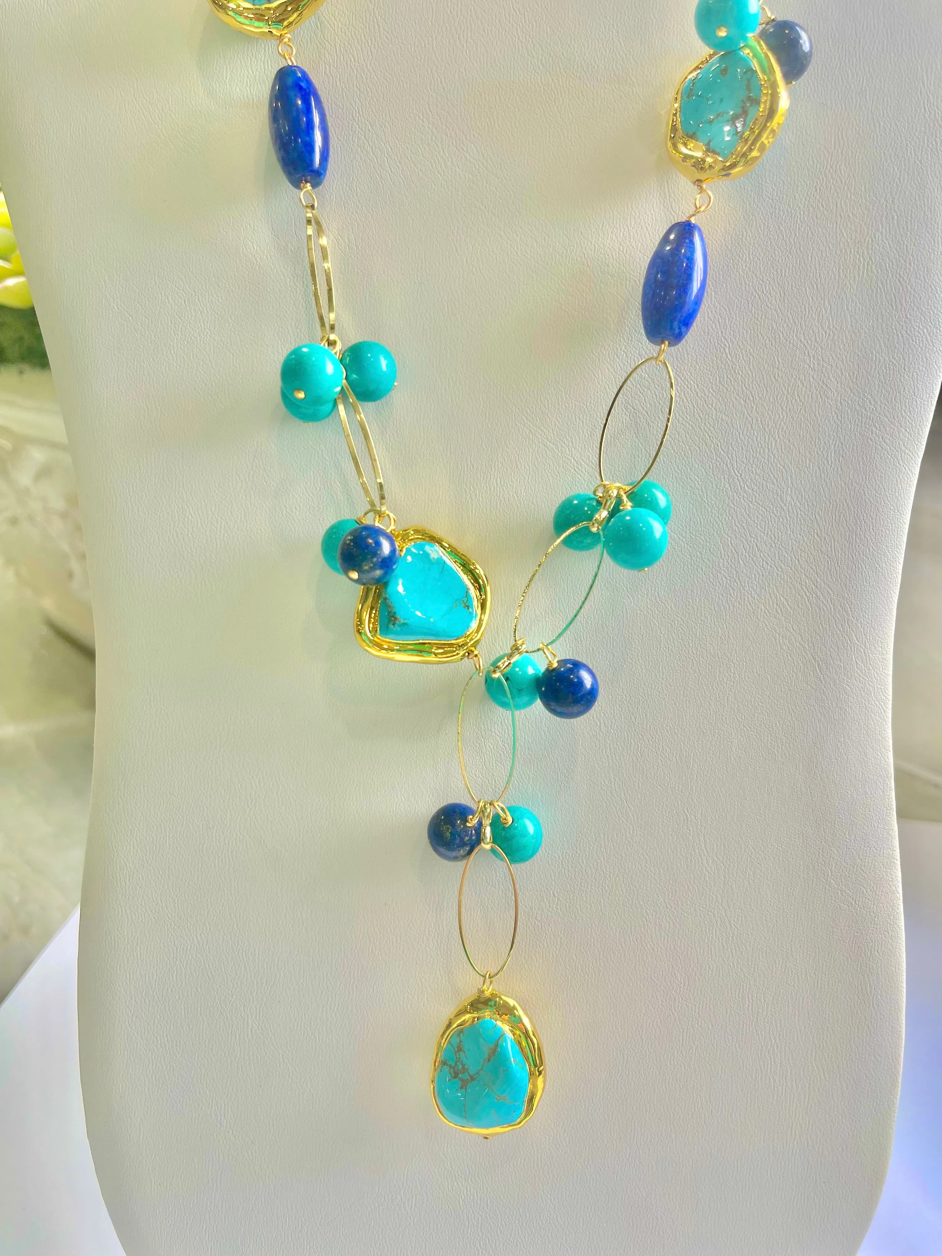 Turquoise & Lapis Lazuli Gemstones Gold Chain Necklace 20”- 23”