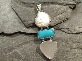 Turquoise, Sea Glass, Pearl, Sterling Pendant