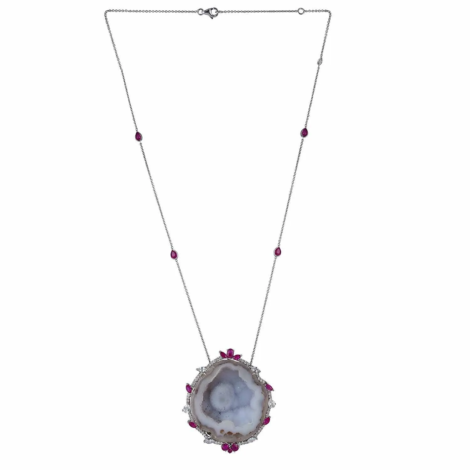 Uneven Geode Pave Diamond Sapphire Ruby Princess Necklace 18k White Gold On Sale