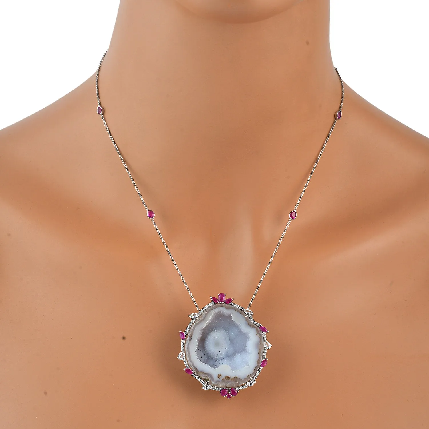 Uneven Geode Pave Diamond Sapphire Ruby Princess Necklace 18k White Gold On Sale