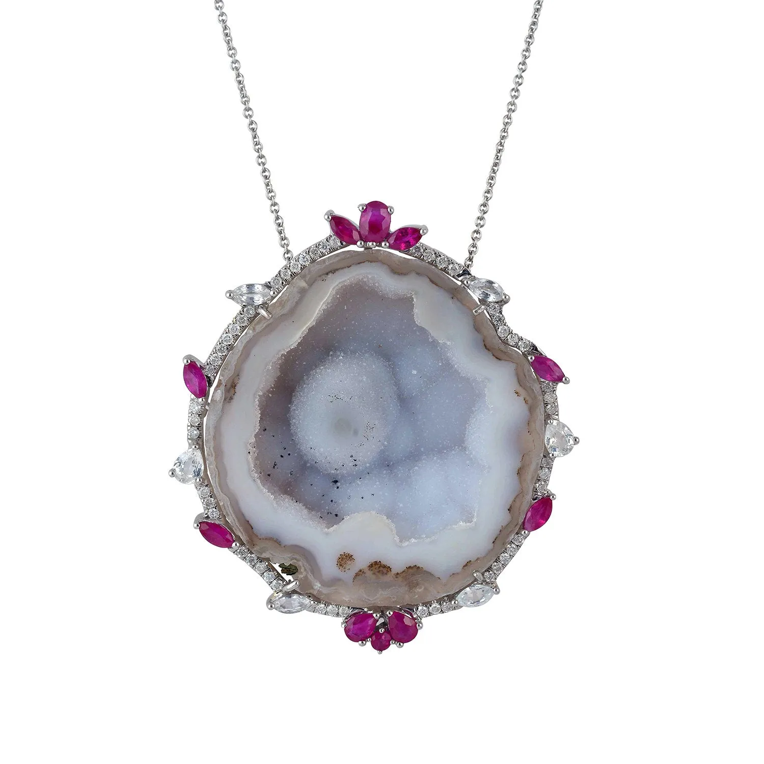 Uneven Geode Pave Diamond Sapphire Ruby Princess Necklace 18k White Gold On Sale