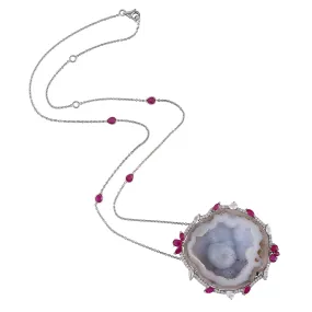 Uneven Geode Pave Diamond Sapphire Ruby Princess Necklace 18k White Gold On Sale