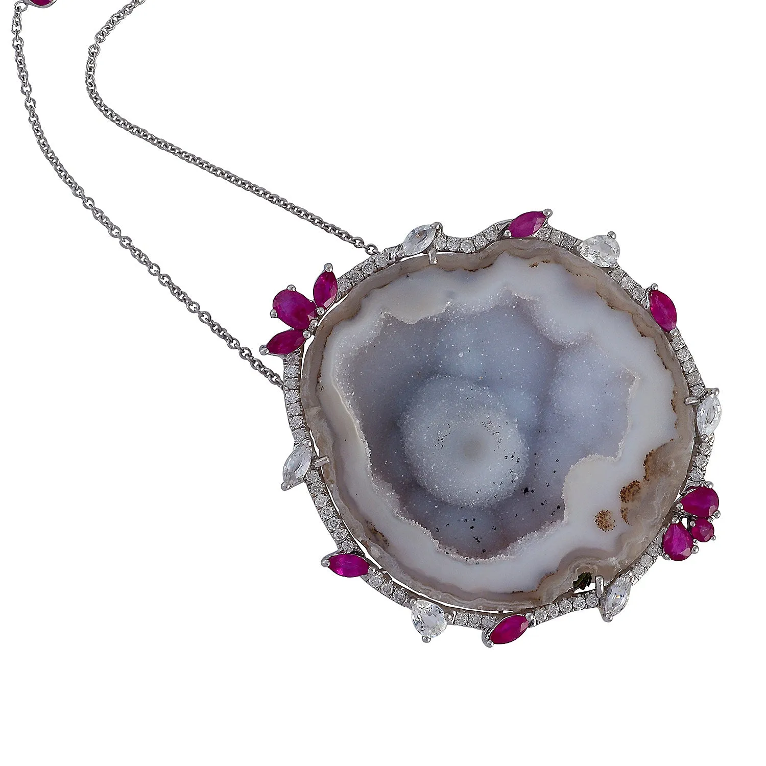 Uneven Geode Pave Diamond Sapphire Ruby Princess Necklace 18k White Gold On Sale