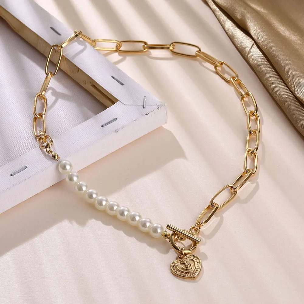 VenusFox Punk Gold Cuban Link Chain Necklace Pearl Heart Bow Knot Pendant Choker Necklaces For Women 2020 Fashion Jewelry Gifts