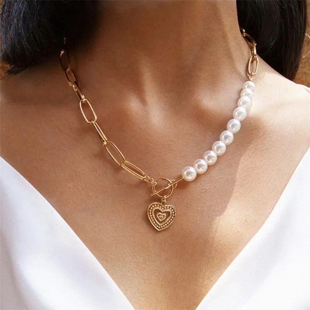 VenusFox Punk Gold Cuban Link Chain Necklace Pearl Heart Bow Knot Pendant Choker Necklaces For Women 2020 Fashion Jewelry Gifts