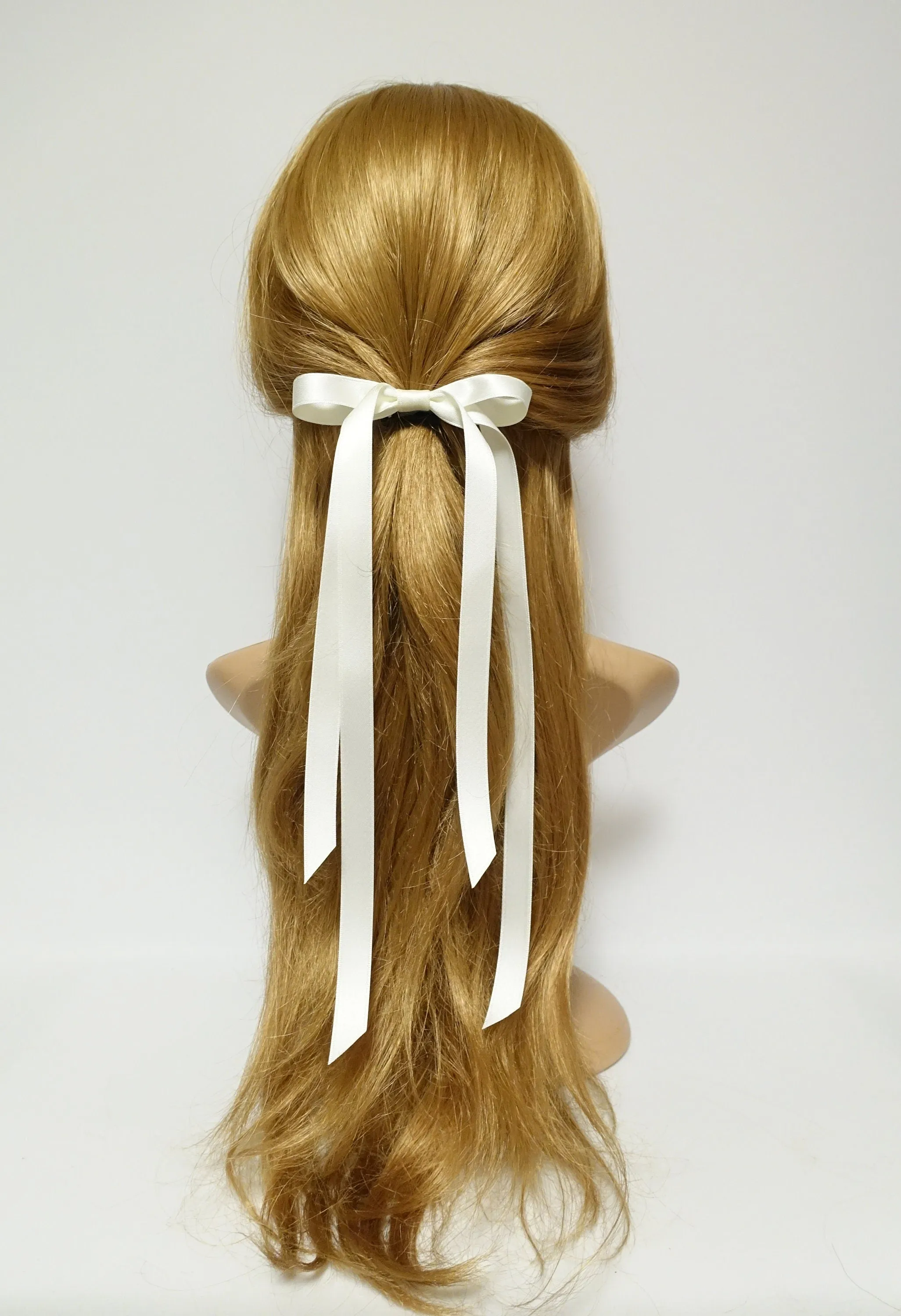 Very long narrow tail black cream satin bow hair tie ponytail holder comb for women