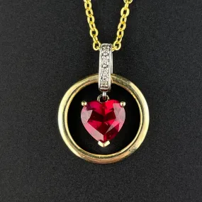 Vintage 10K Gold Diamond Ruby Floating Heart Pendant Necklace