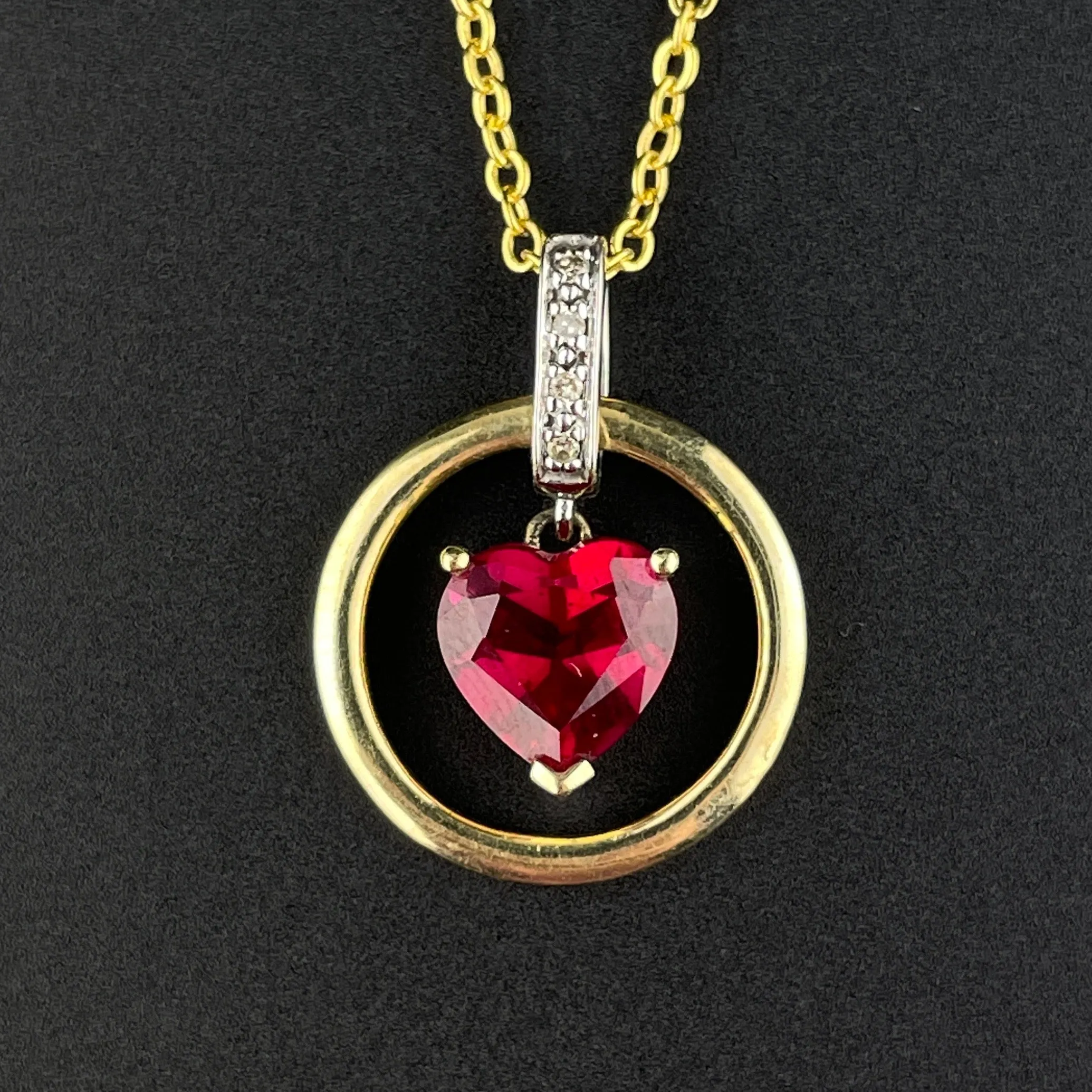 Vintage 10K Gold Diamond Ruby Floating Heart Pendant Necklace