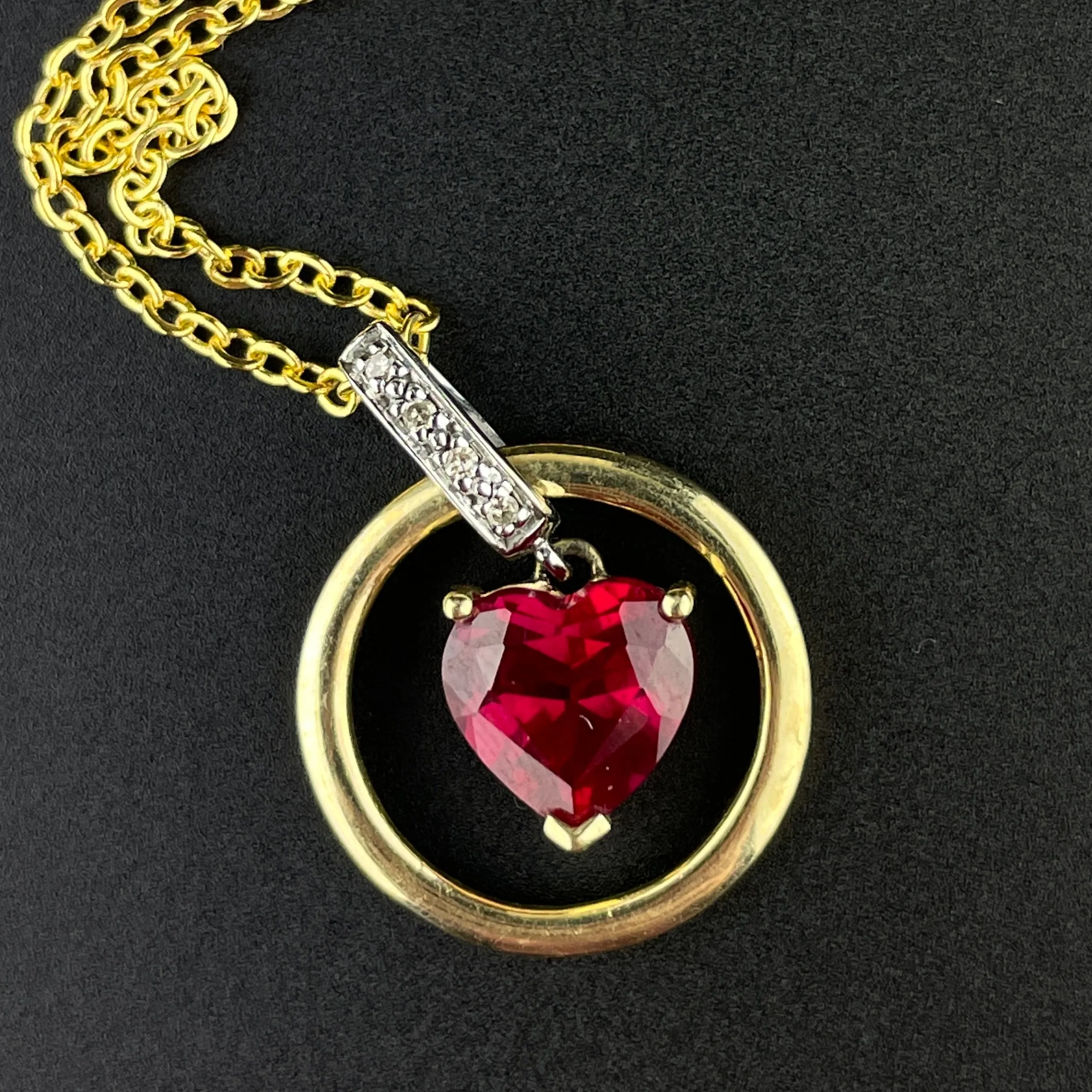 Vintage 10K Gold Diamond Ruby Floating Heart Pendant Necklace