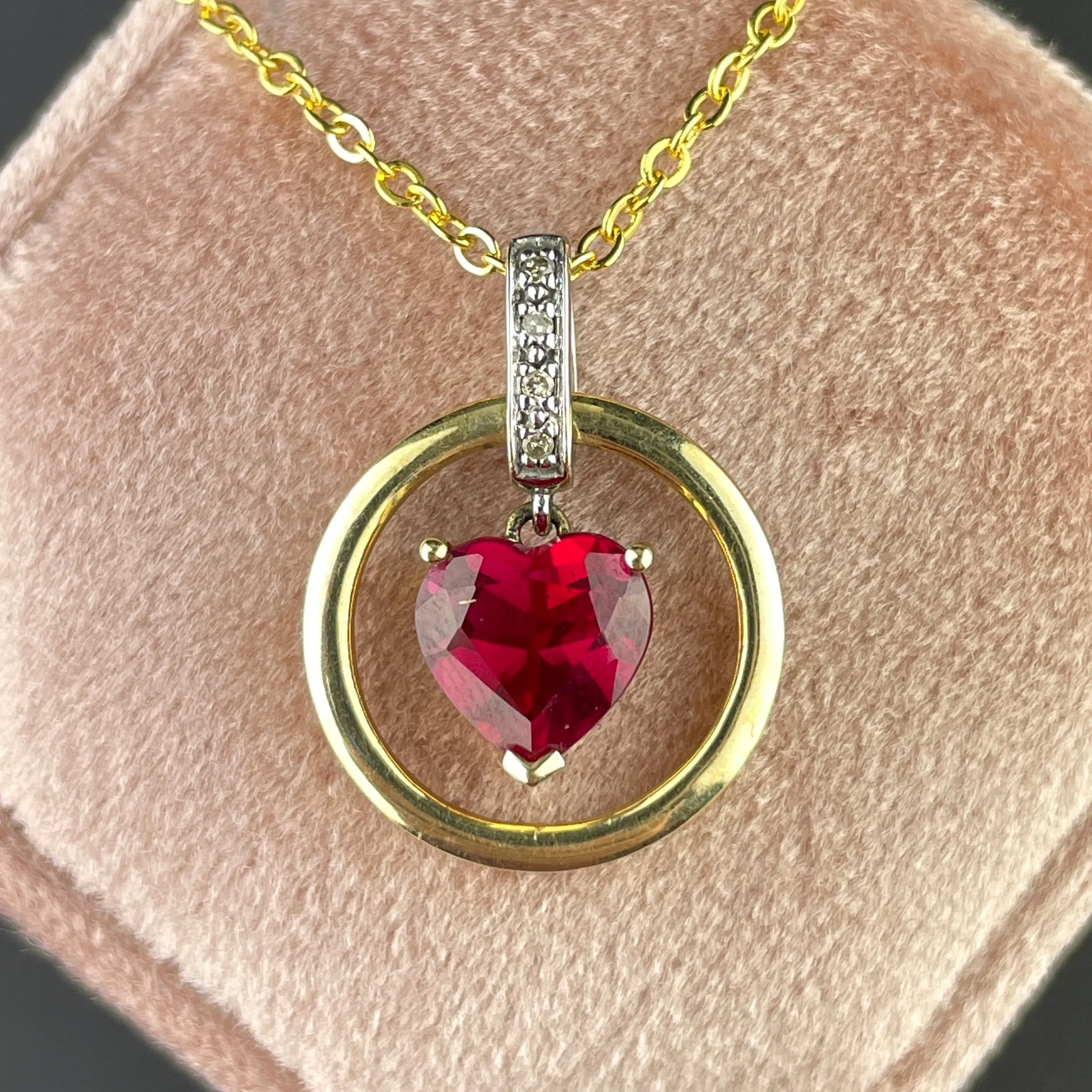 Vintage 10K Gold Diamond Ruby Floating Heart Pendant Necklace