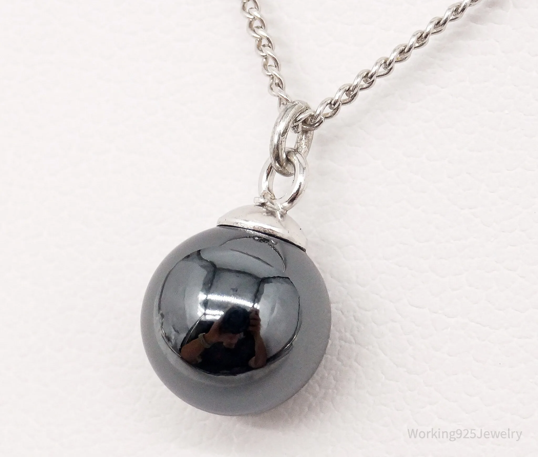 Vintage 1970s Hematite Sphere Sterling Silver Necklace 16"