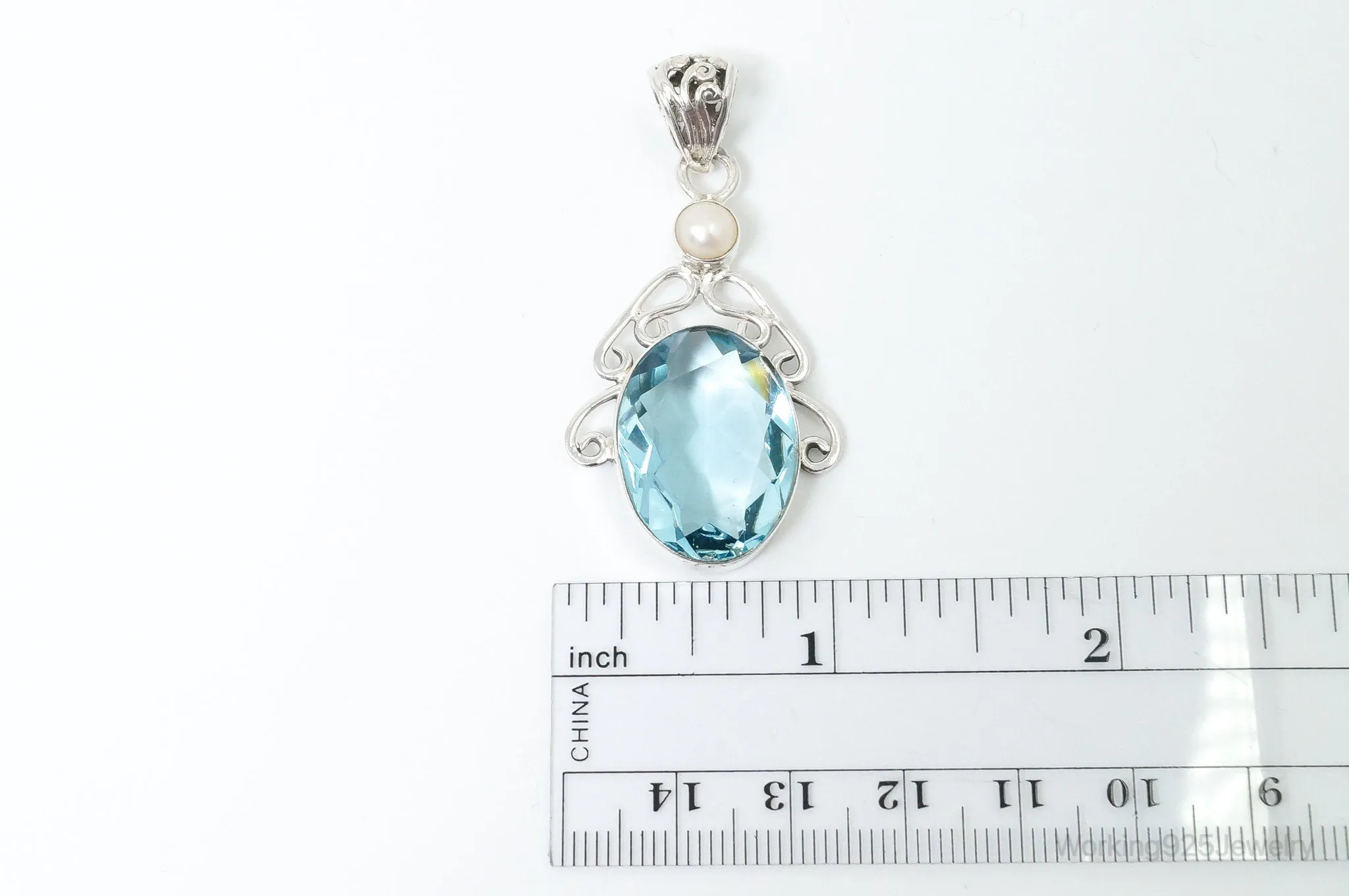 Vintage Art Deco Large Blue Topaz Pearl Sterling Silver Pendant