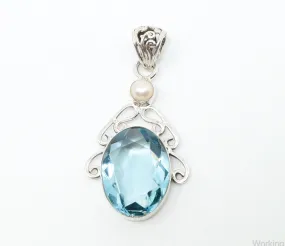 Vintage Art Deco Large Blue Topaz Pearl Sterling Silver Pendant