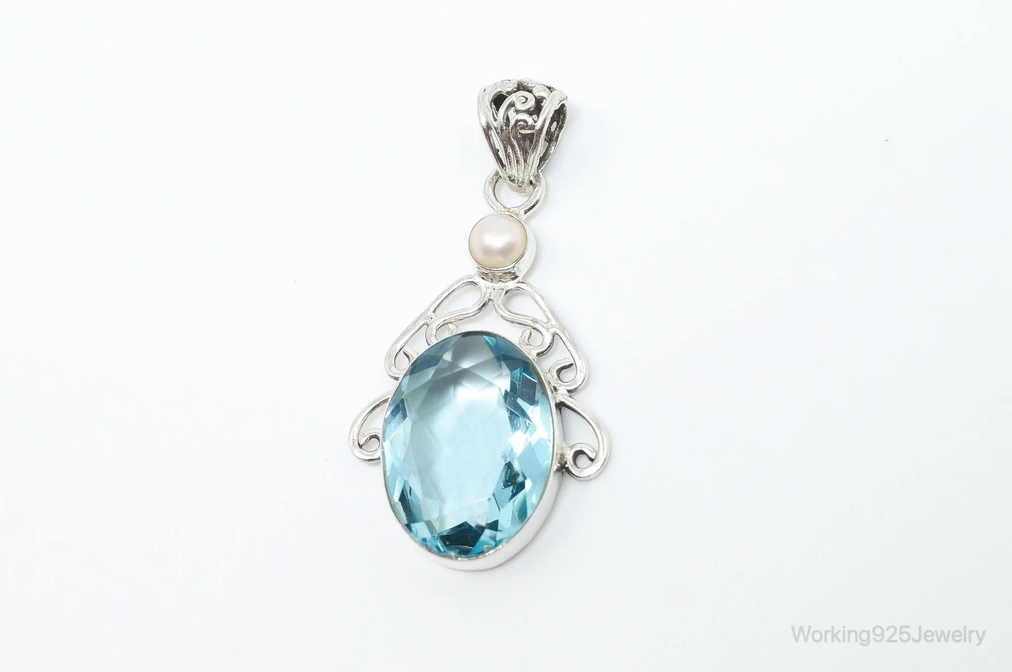 Vintage Art Deco Large Blue Topaz Pearl Sterling Silver Pendant