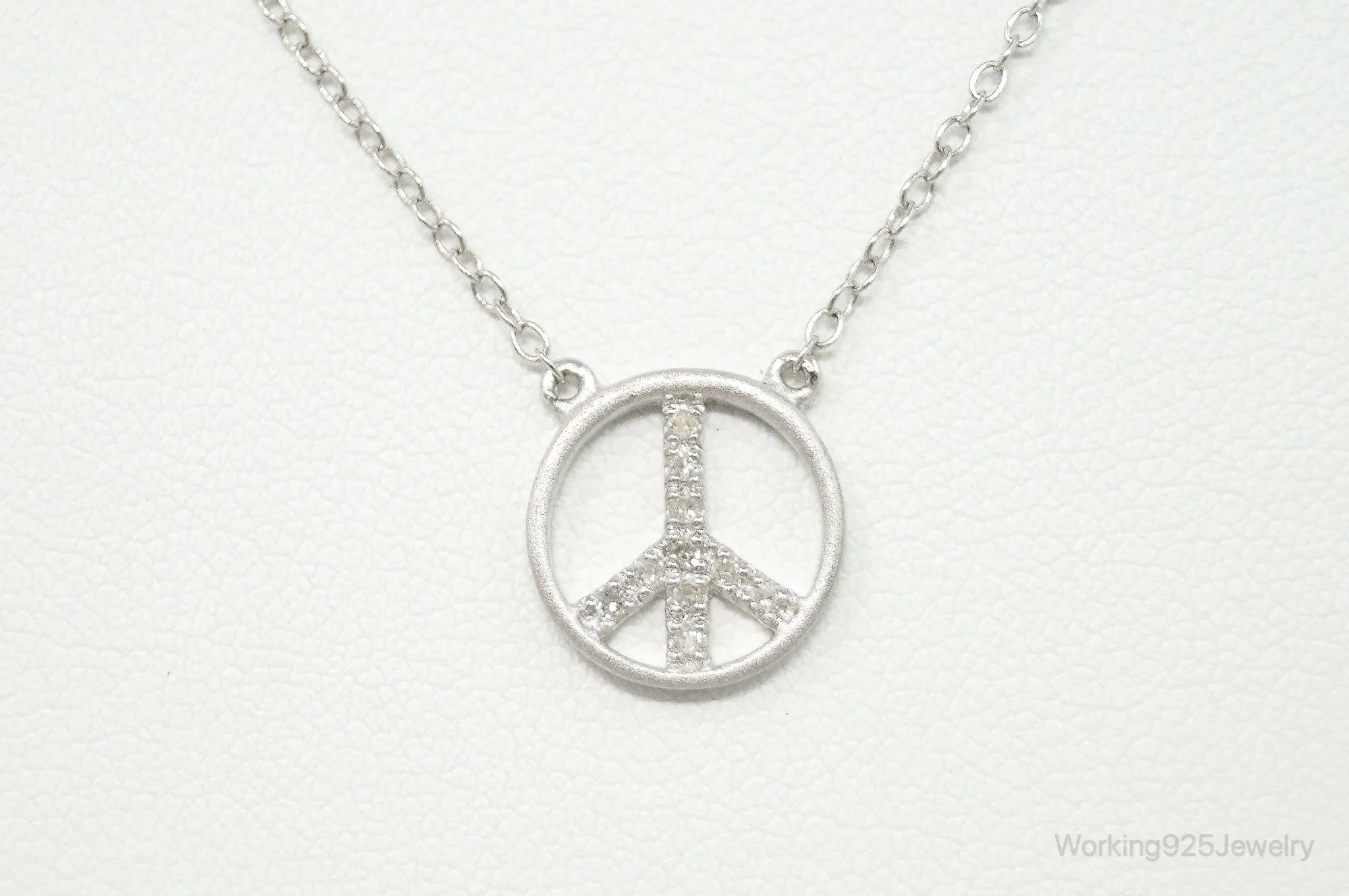 Vintage Cubic Zirconia Peace Sign Sterling Silver Necklace