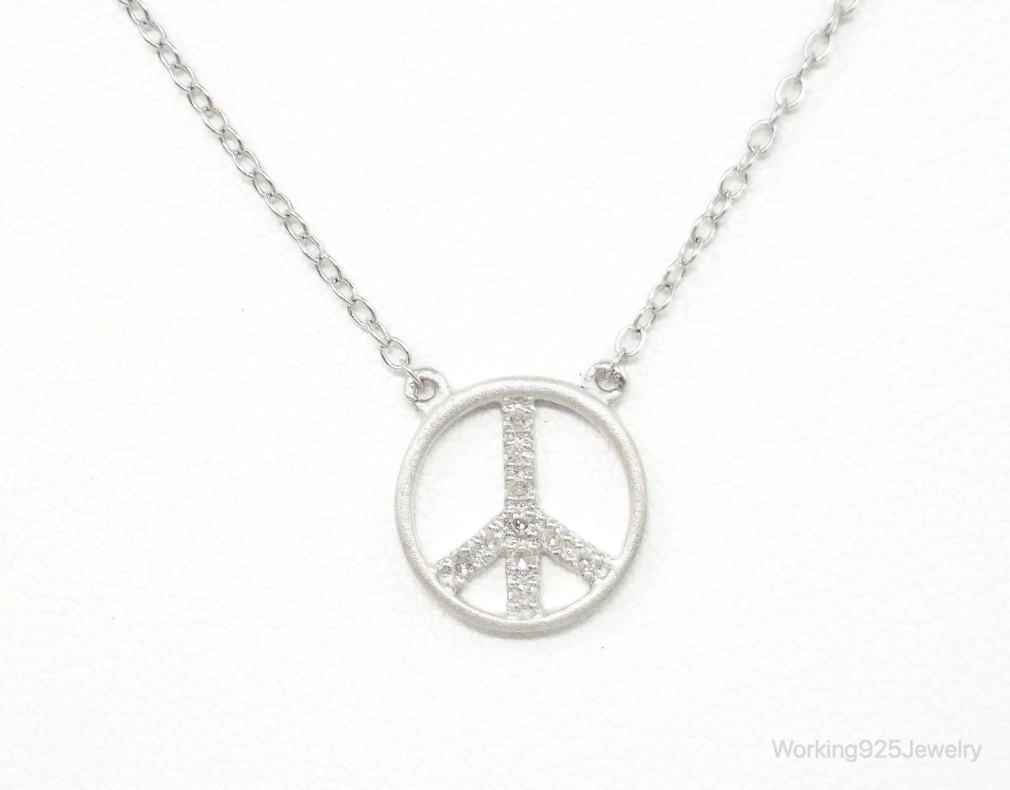 Vintage Cubic Zirconia Peace Sign Sterling Silver Necklace