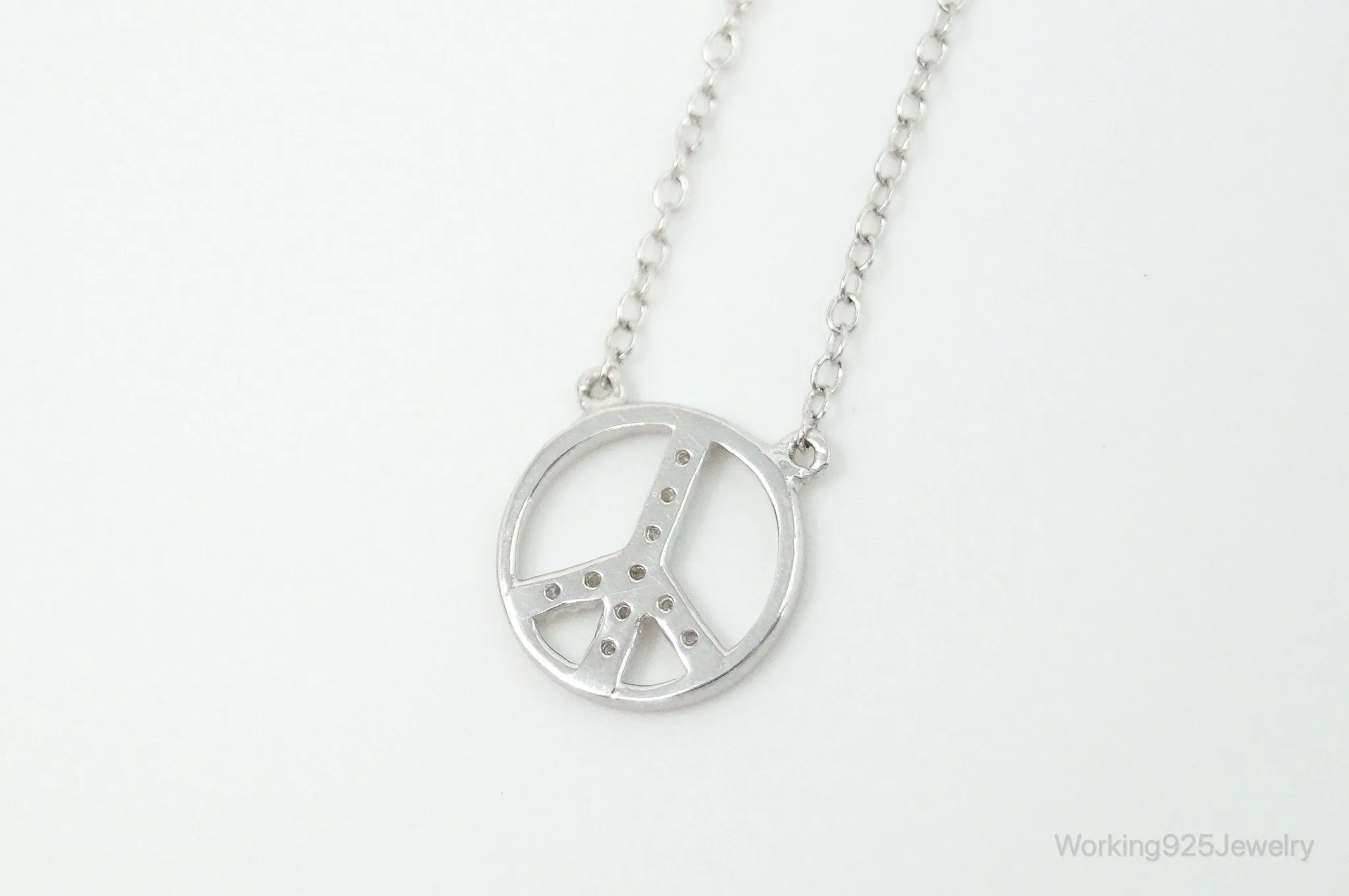 Vintage Cubic Zirconia Peace Sign Sterling Silver Necklace