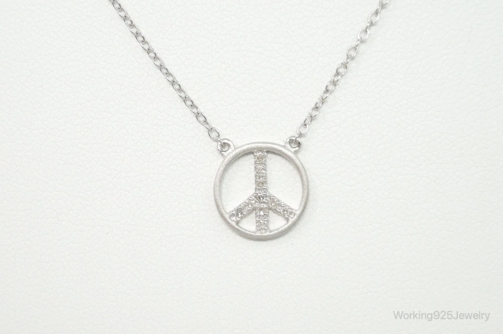 Vintage Cubic Zirconia Peace Sign Sterling Silver Necklace