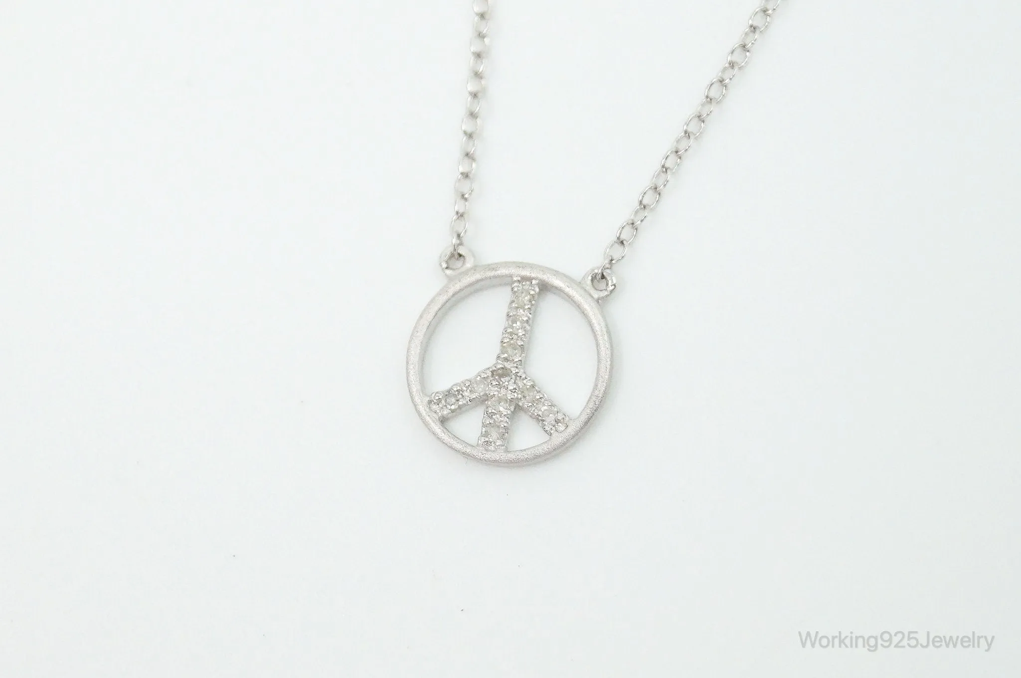 Vintage Cubic Zirconia Peace Sign Sterling Silver Necklace