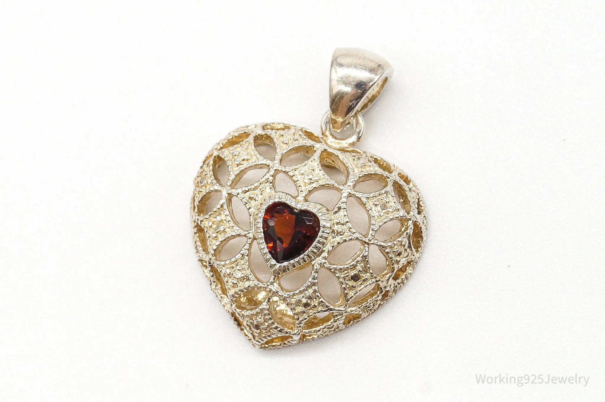 Vintage Designer Avon Garnet Heart Sterling Silver Pendant