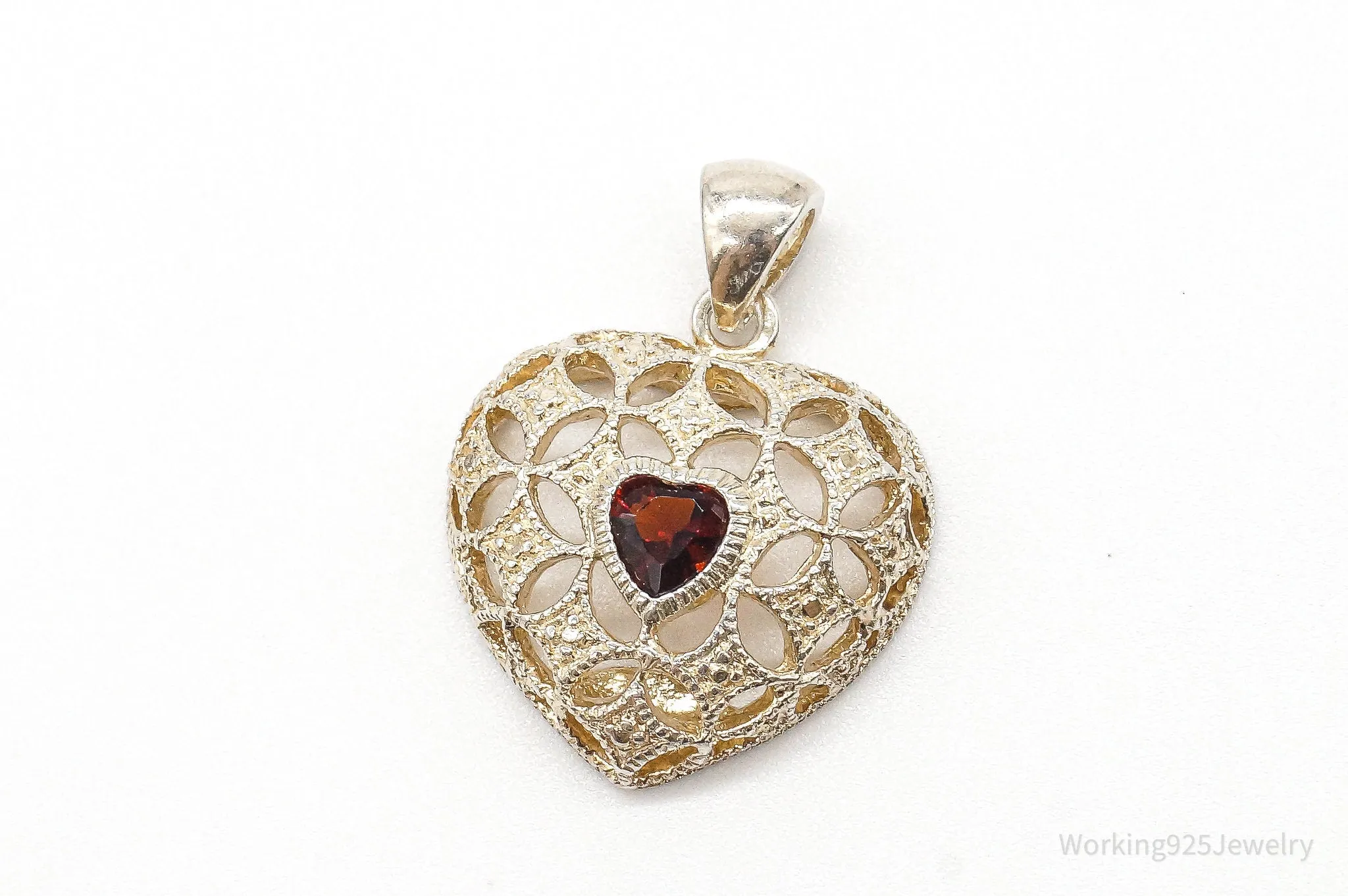 Vintage Designer Avon Garnet Heart Sterling Silver Pendant