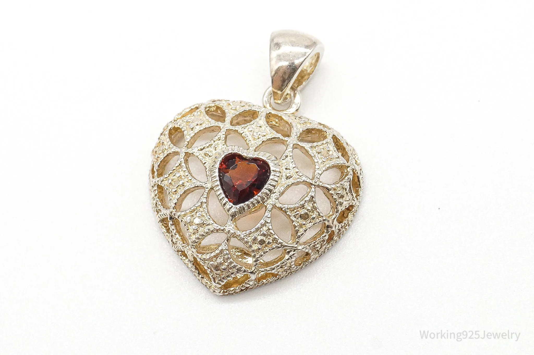 Vintage Designer Avon Garnet Heart Sterling Silver Pendant