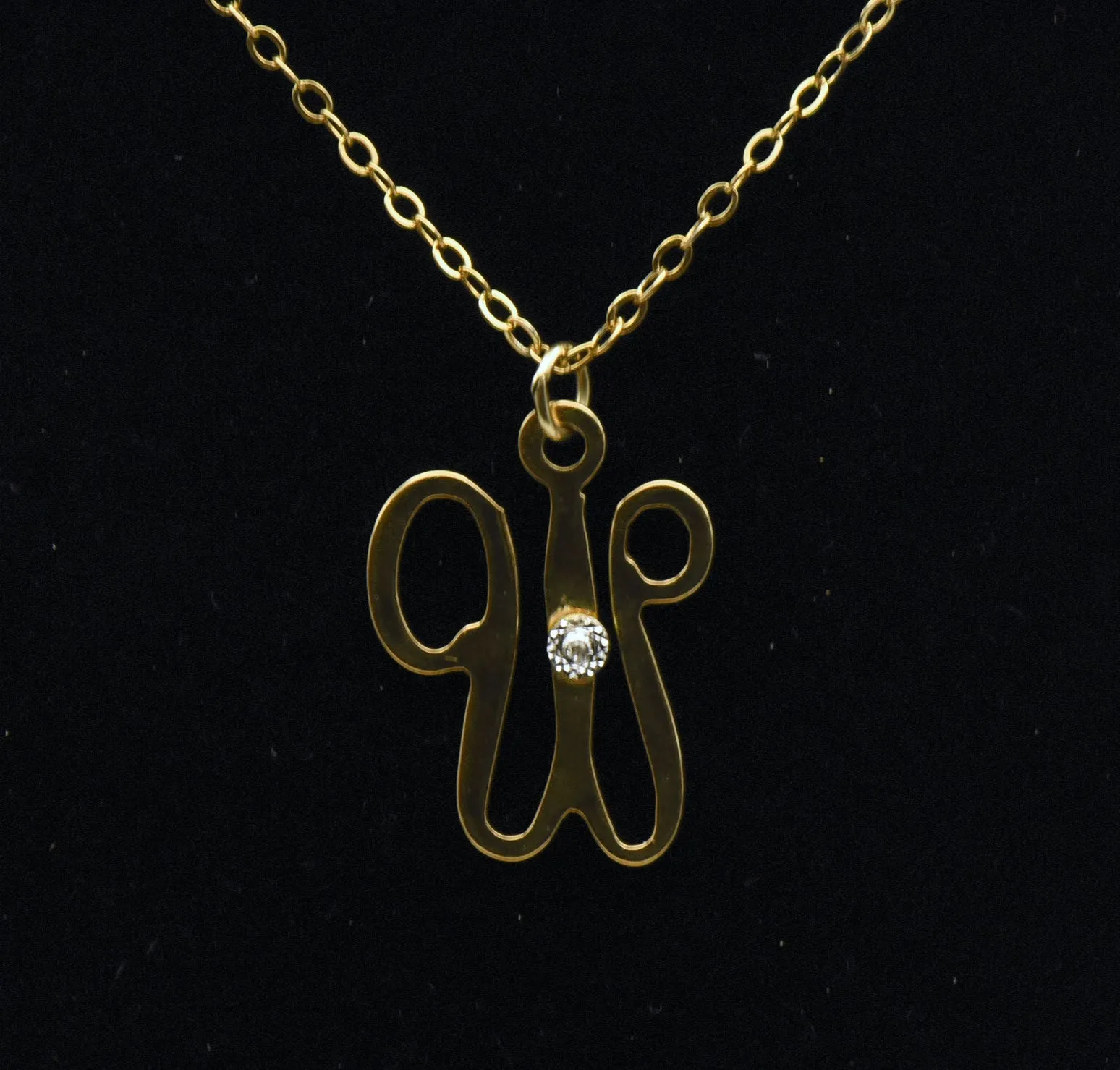 Vintage Diamond "W" Monogram Pendant on 14k Gold Filled Chain Necklace - 16"