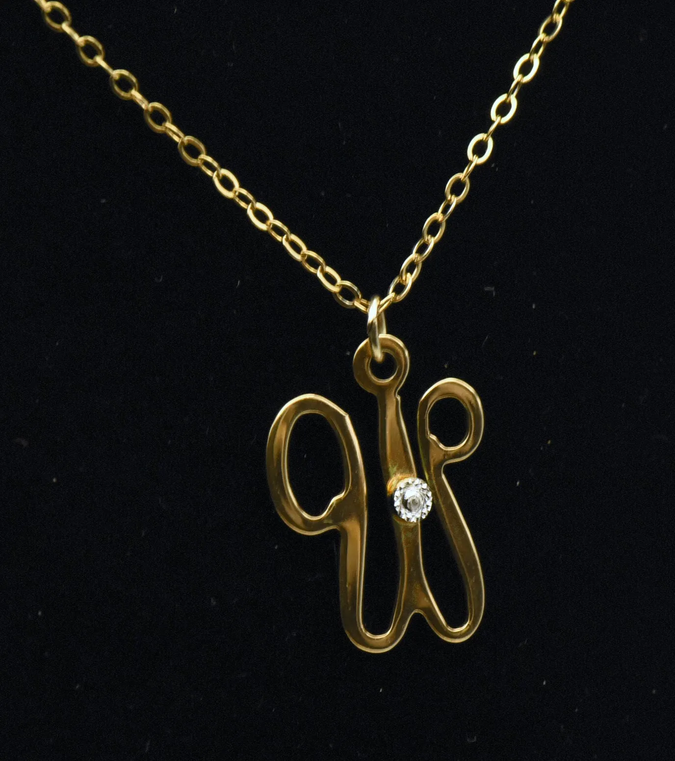 Vintage Diamond "W" Monogram Pendant on 14k Gold Filled Chain Necklace - 16"