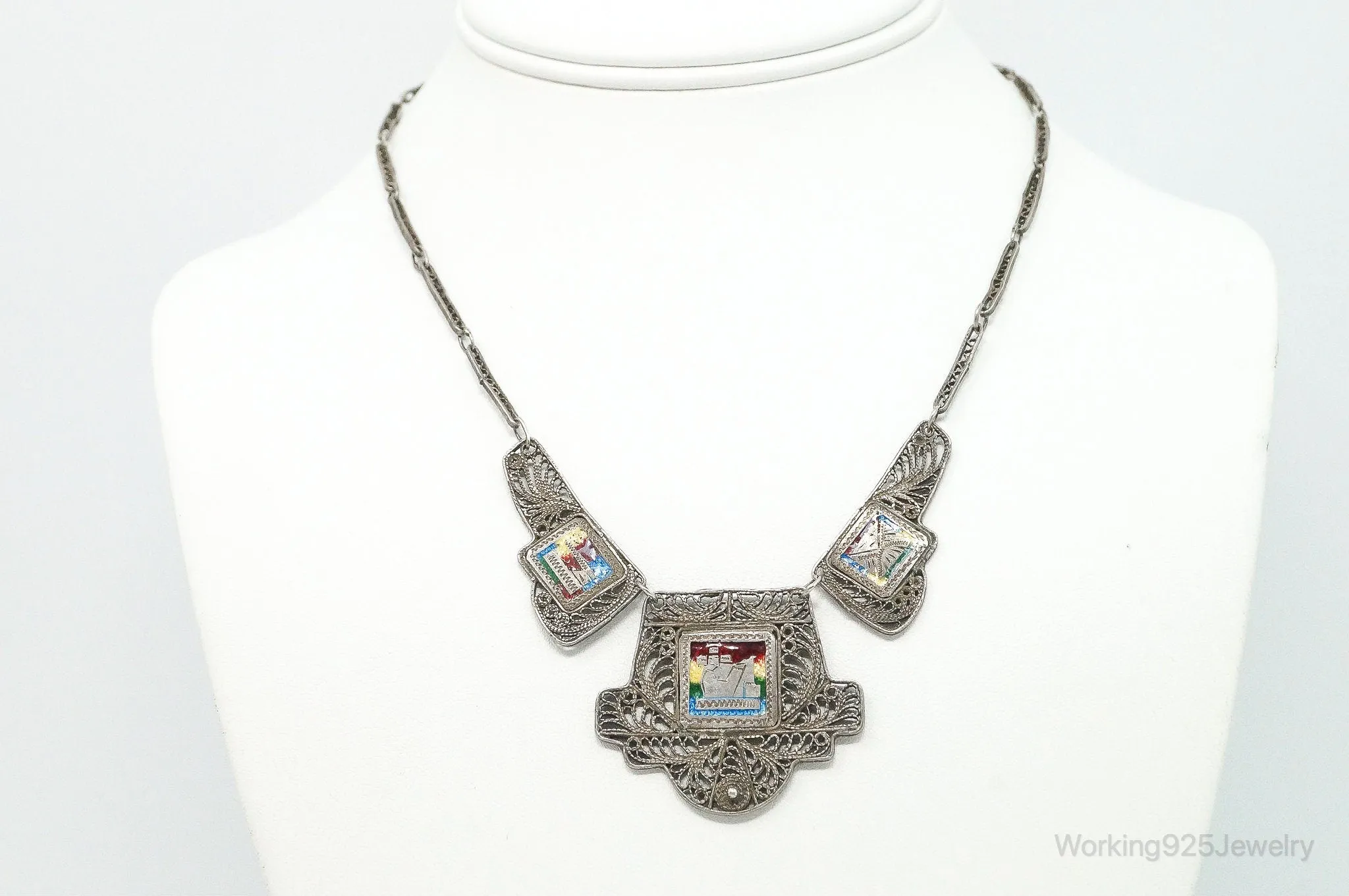 Vintage Enamel Filigree Sterling Silver Necklace