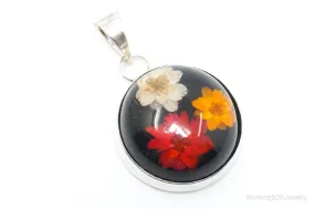 Vintage Glass Real Flowers Sterling Silver Necklace Pendant