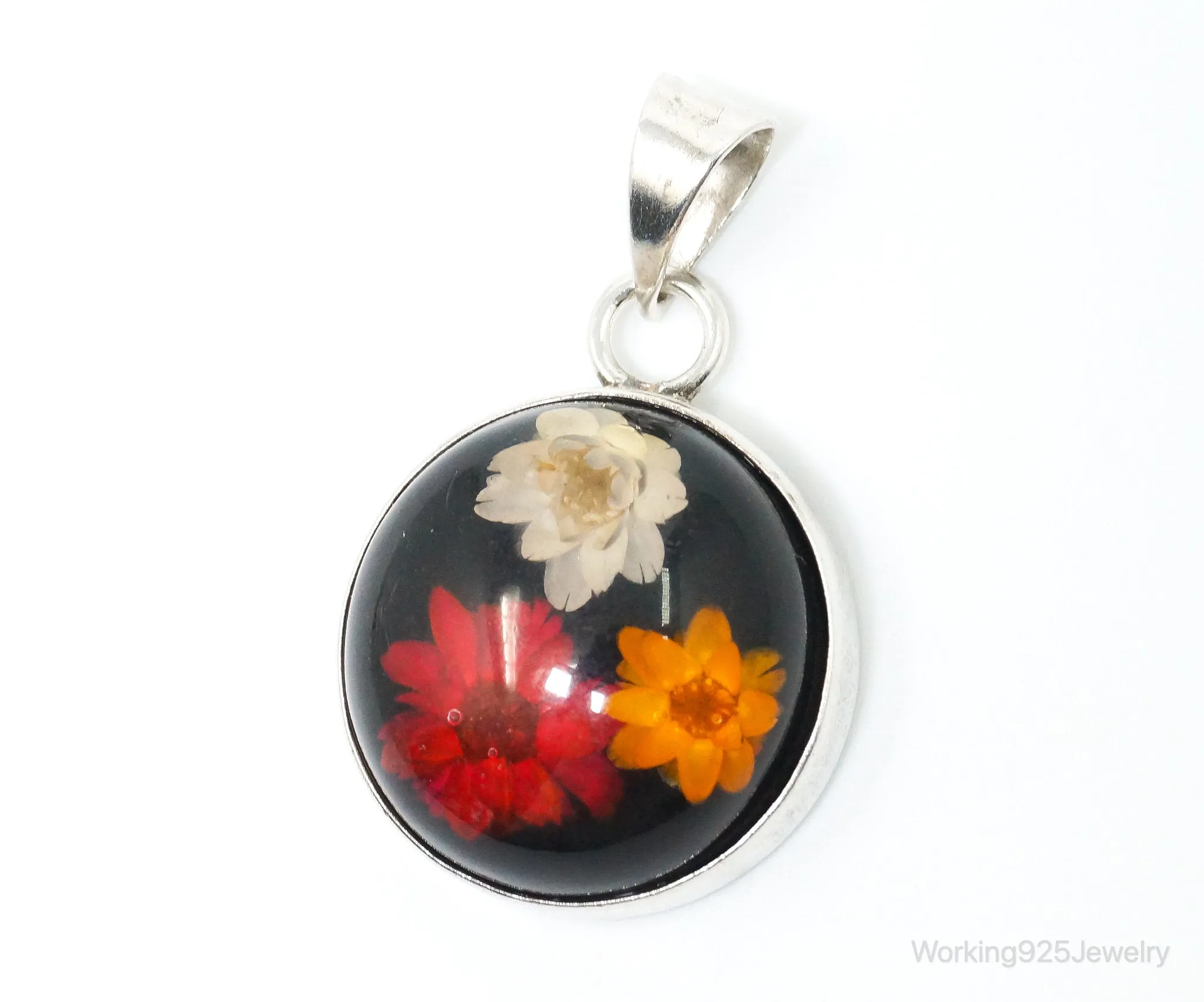 Vintage Glass Real Flowers Sterling Silver Necklace Pendant