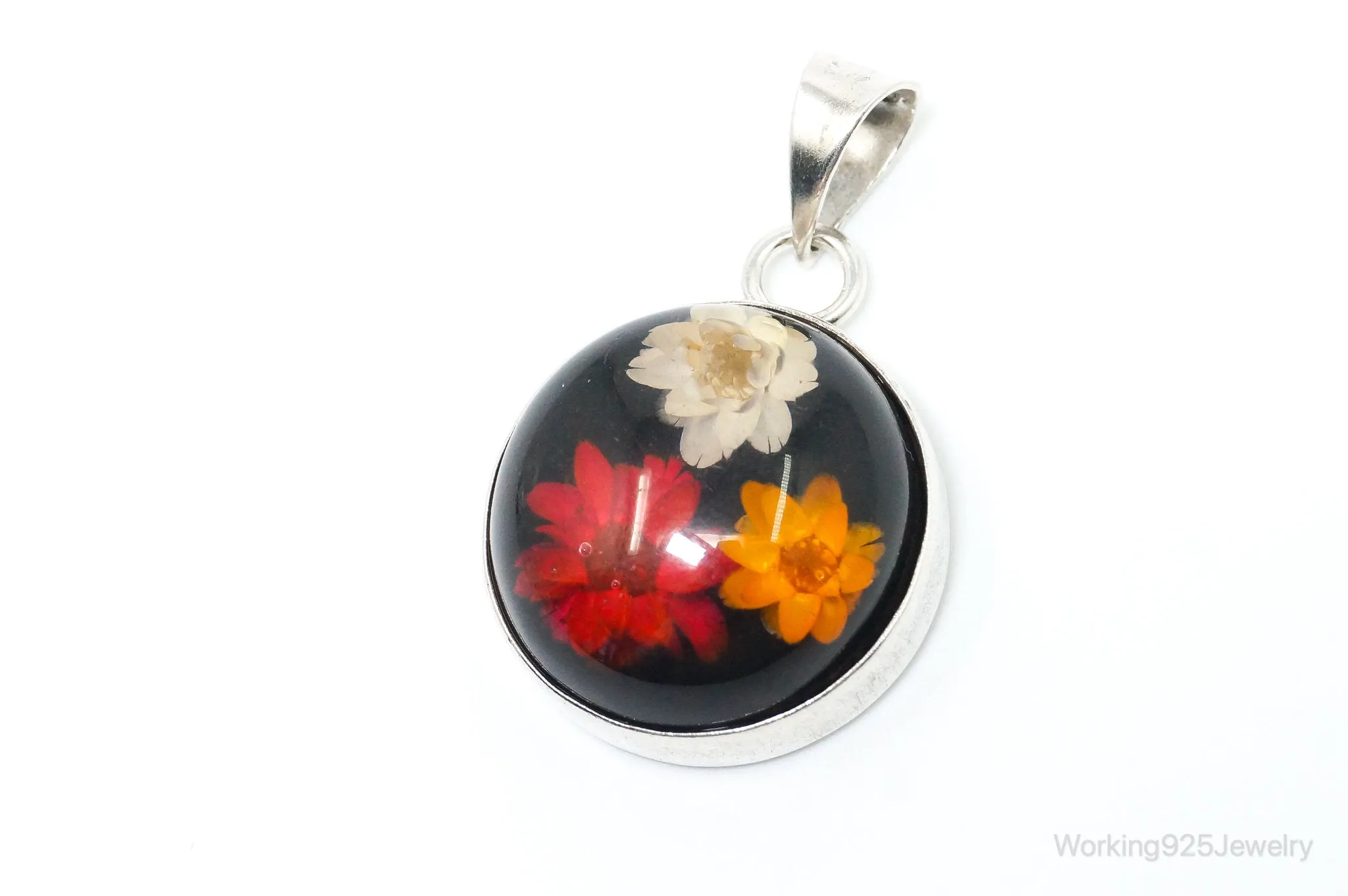 Vintage Glass Real Flowers Sterling Silver Necklace Pendant