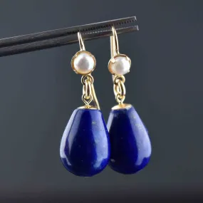 Vintage Gold Lapis Lazuli Pearl Dangle Drop Earrings