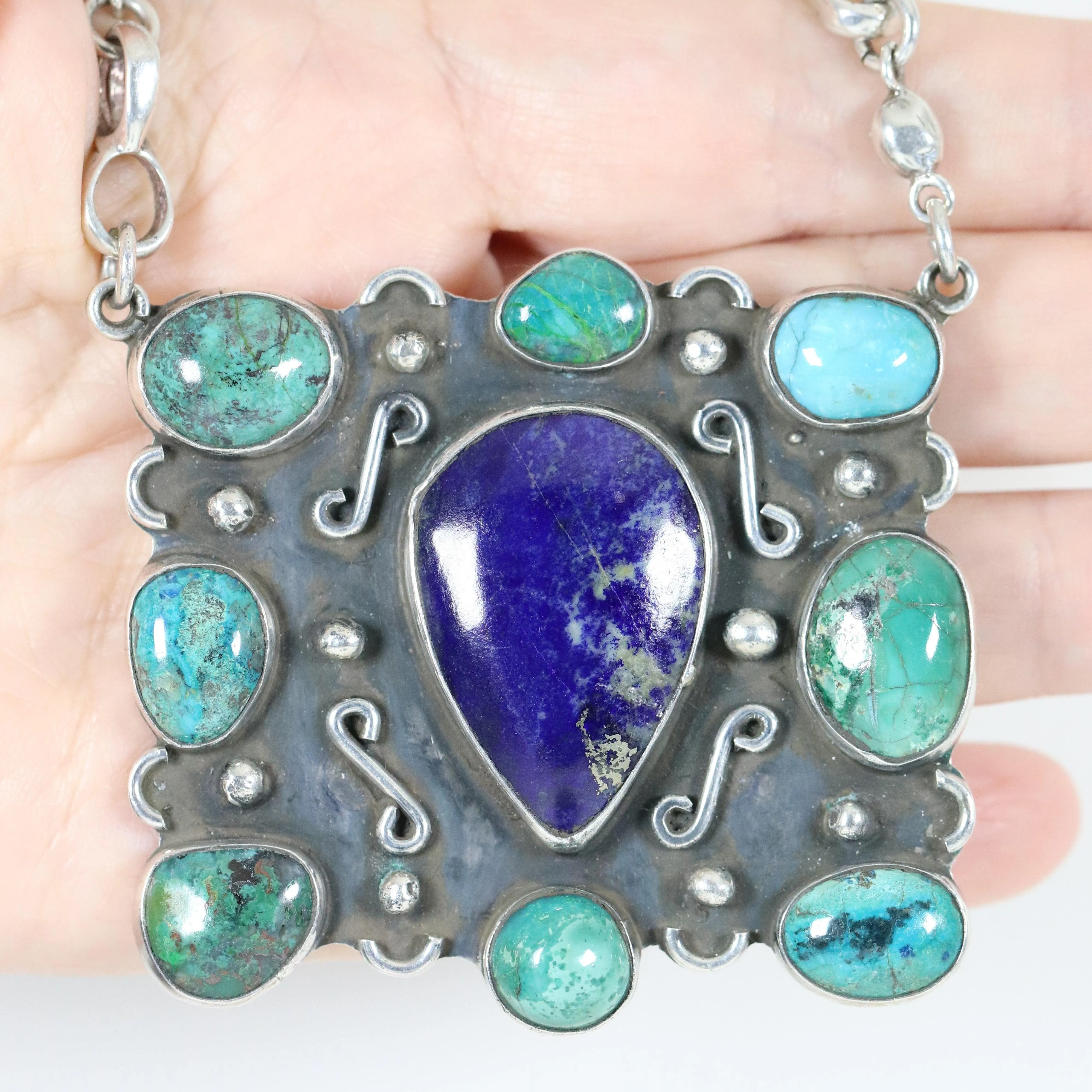 Vintage Handcrafted Silver Jewelry | Artisan Turquoise and Lapis Statement Necklace