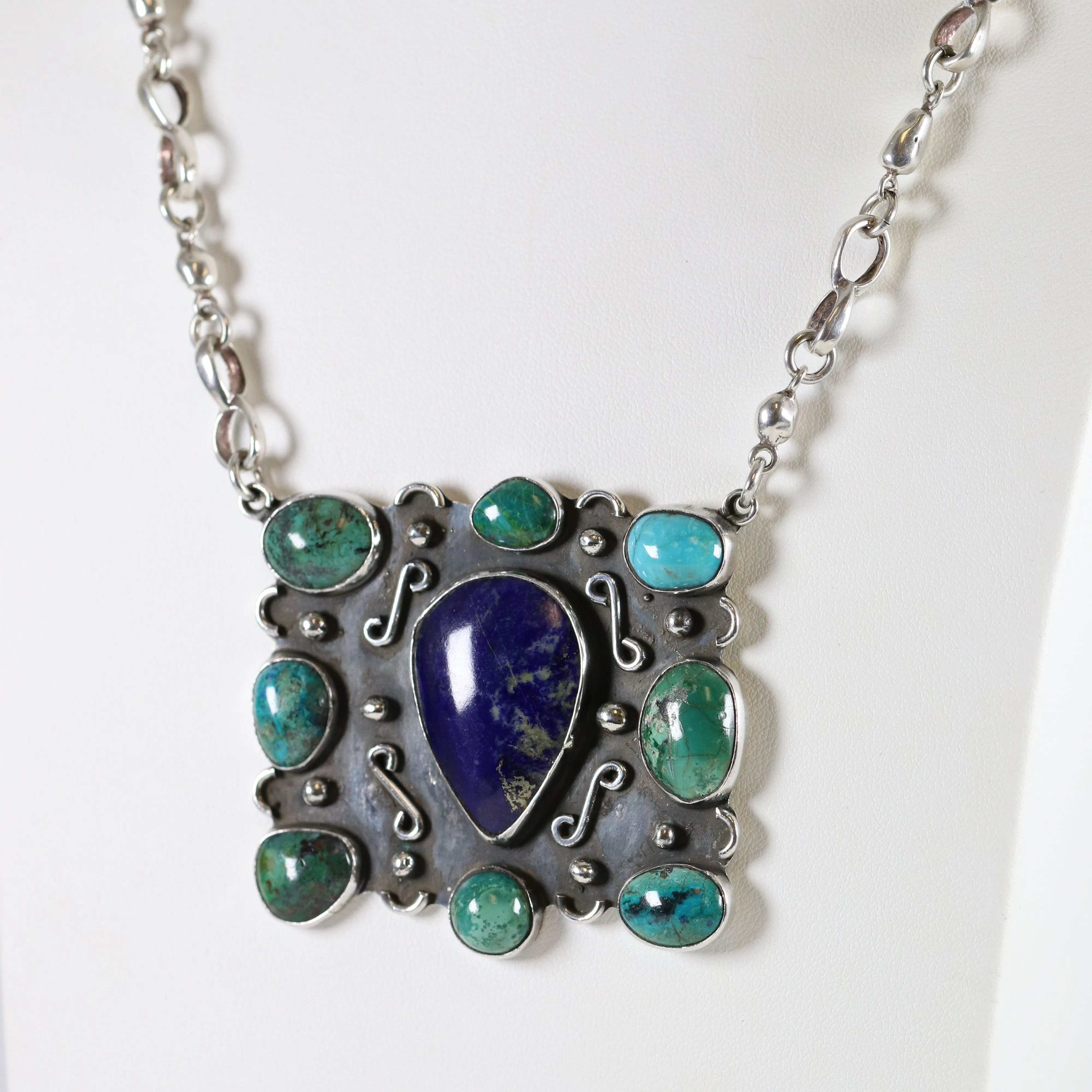 Vintage Handcrafted Silver Jewelry | Artisan Turquoise and Lapis Statement Necklace