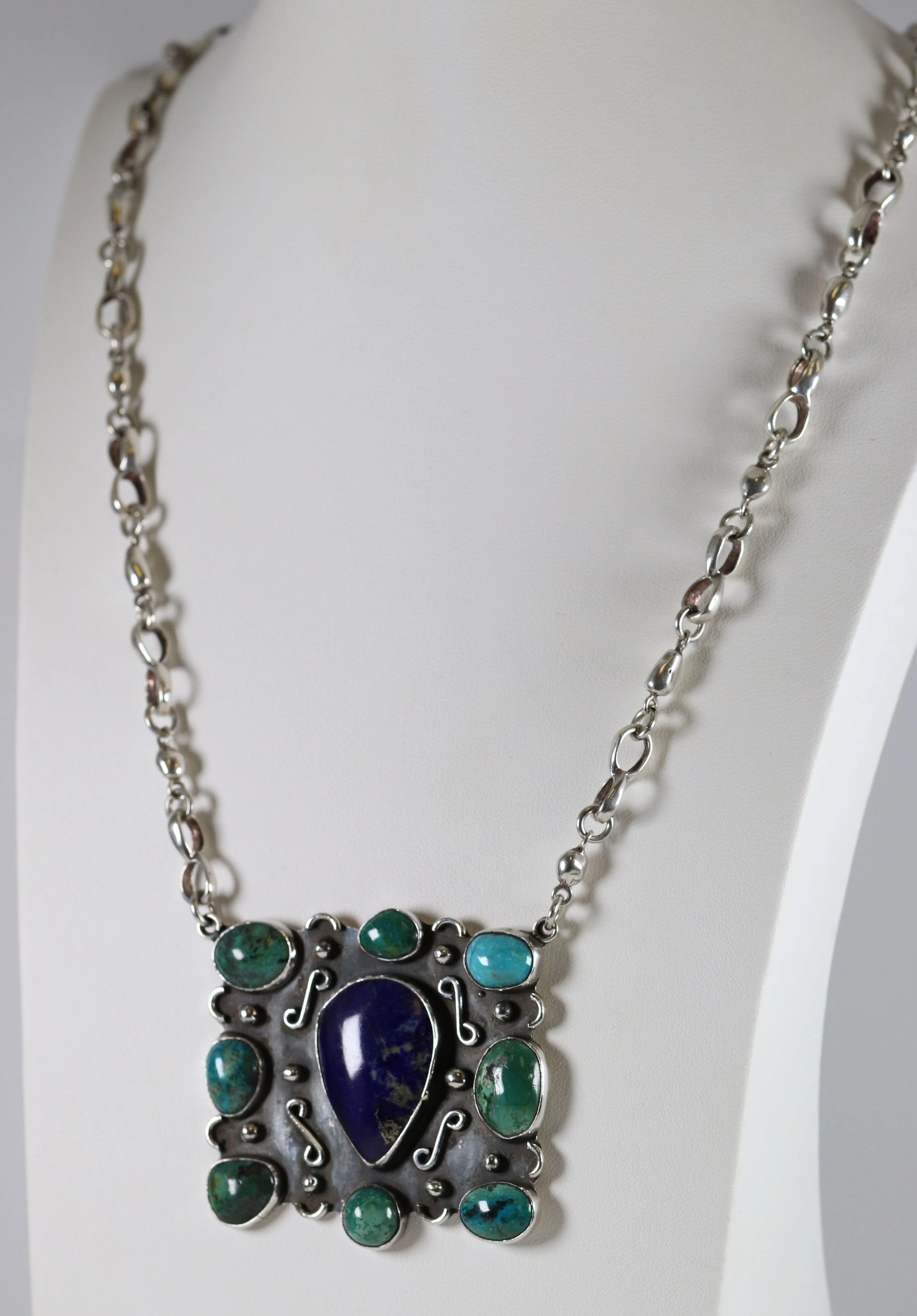 Vintage Handcrafted Silver Jewelry | Artisan Turquoise and Lapis Statement Necklace