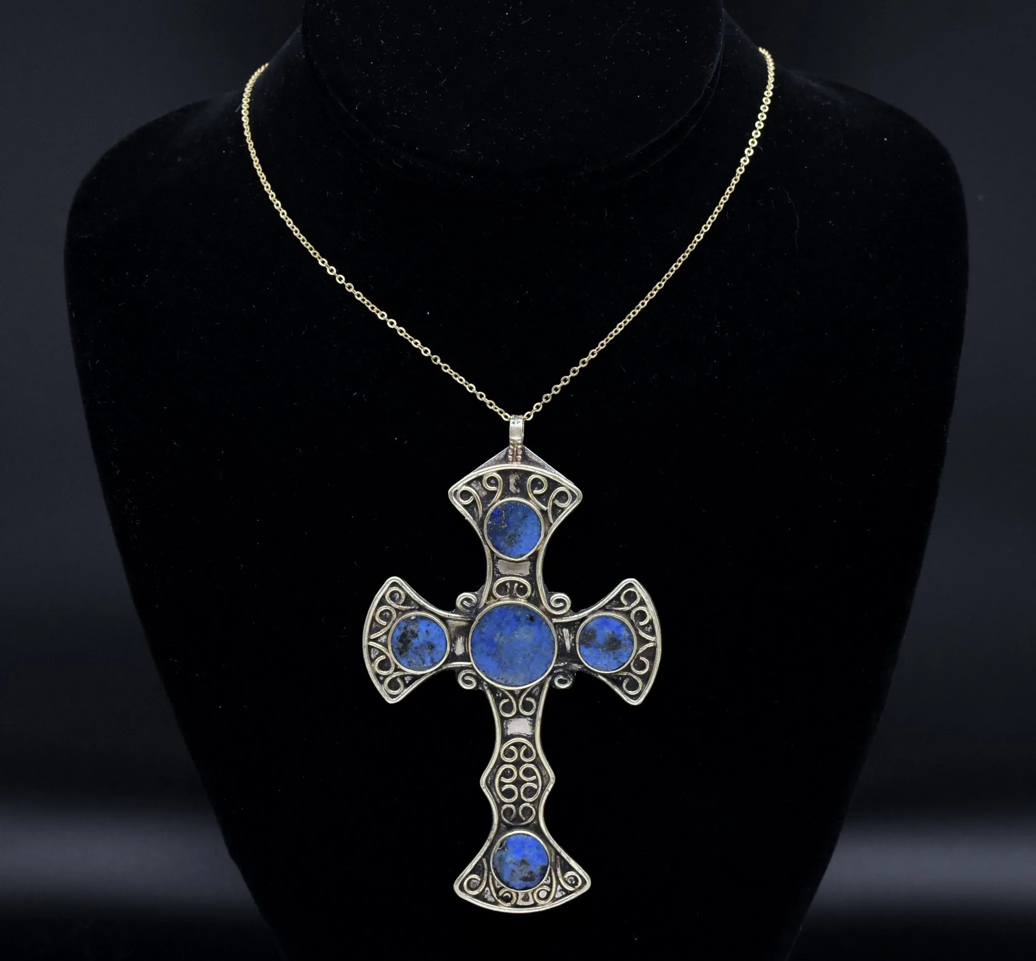 Vintage Lapis Lazuli Silver Tone Metal Cross Pendant Necklace - 17.75"