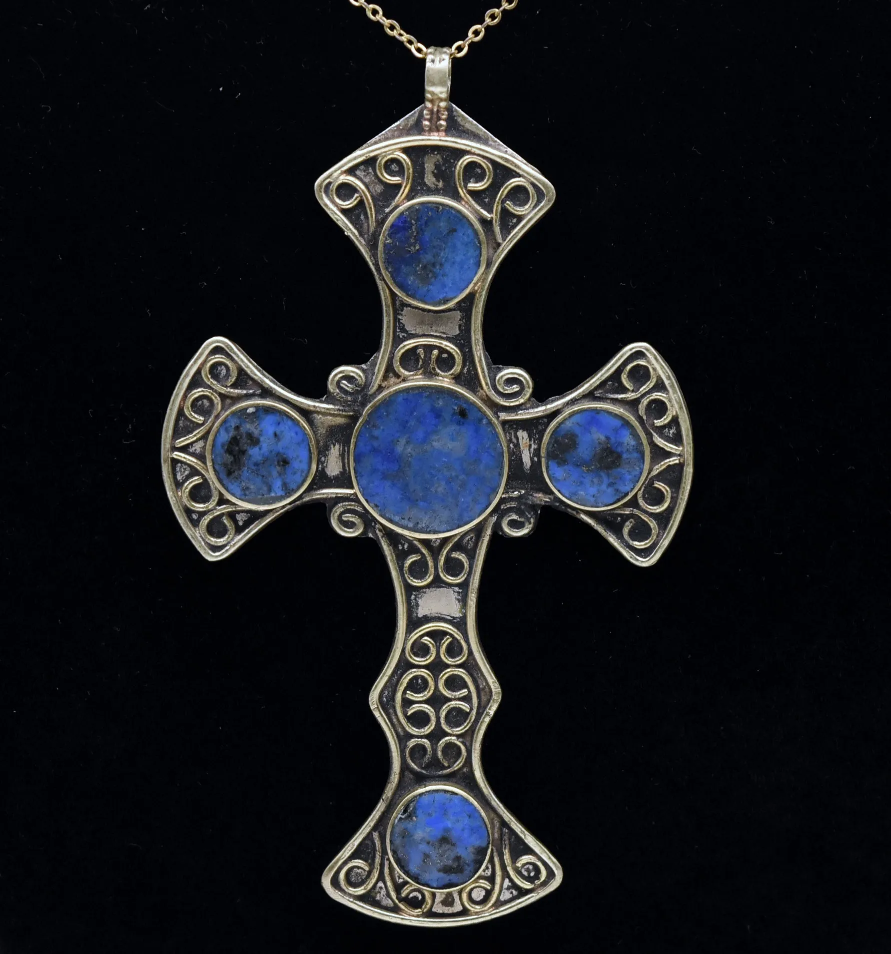 Vintage Lapis Lazuli Silver Tone Metal Cross Pendant Necklace - 17.75"