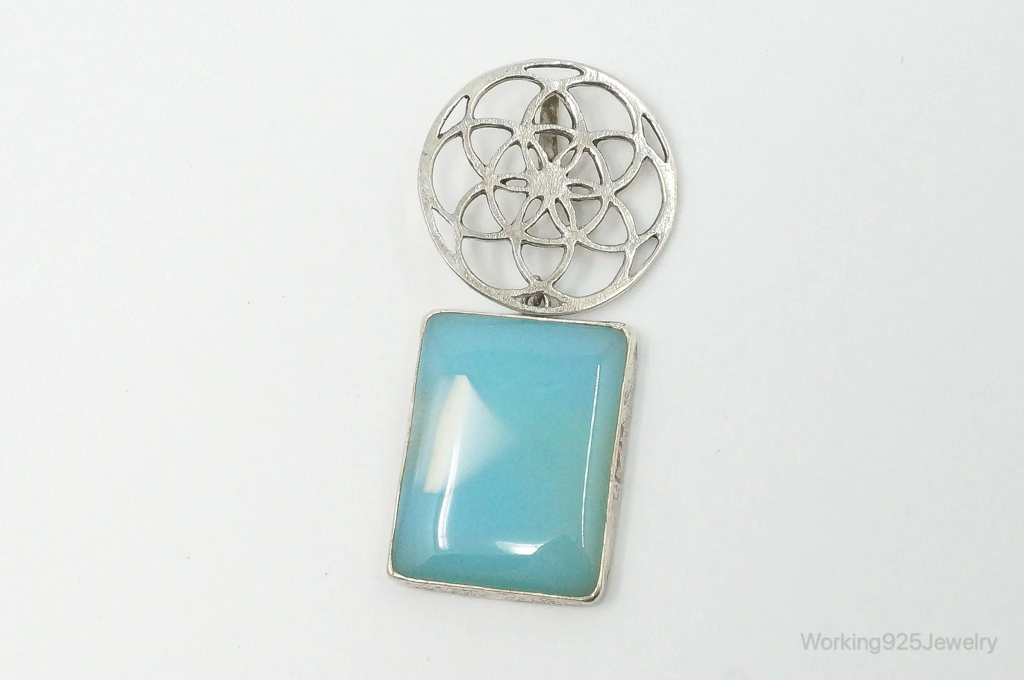 Vintage Large Blue Chalcedony Sterling Silver Necklace Pendant