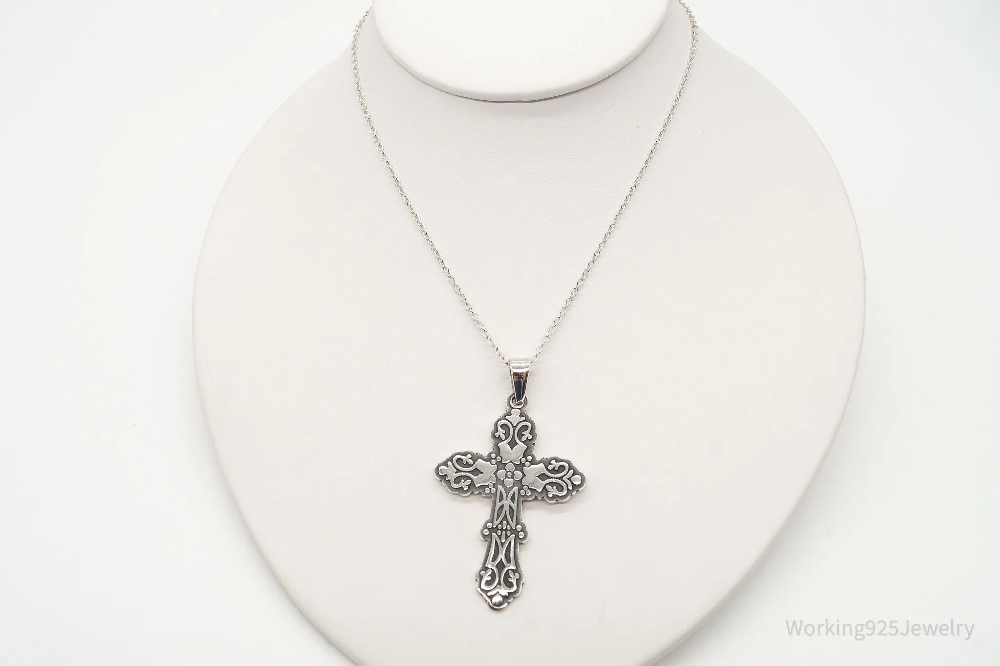 Vintage Large Mexico Artisan CII Cross Sterling Silver Necklace