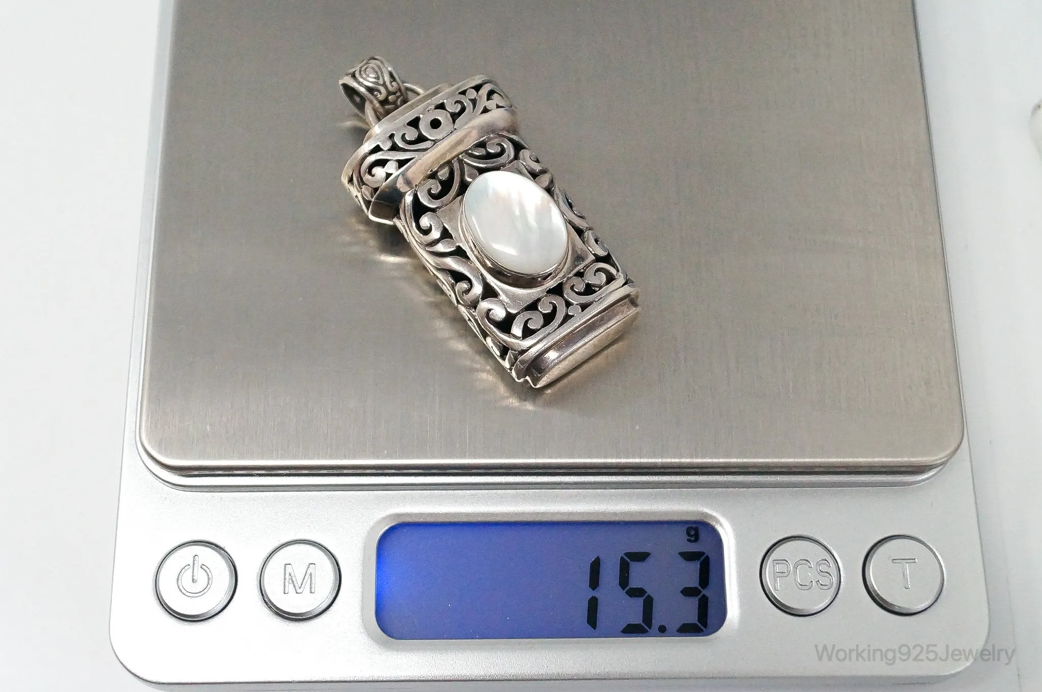 Vintage Large Mother Of Pearl Bali Inspired Sterling Silver Pendant